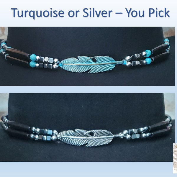 Hat Band, Silver or Turquoise Feather, Black Buffalo Horn Hairpipe Beads, hematite accent beads, Western Cowboy Hatband - you pick