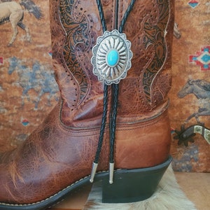 Western Bolo Tie with Silver Concho and Faux Turquoise Centerpiece, Black Braided Leather cord and metal ends, Neck Tie, Cowboy Tie