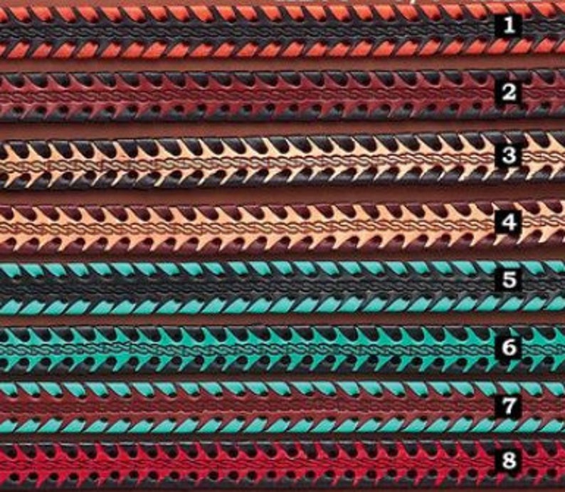 May include: Eight horizontal leather strips labeled one through eight, each featuring a central braided pattern flanked by serrated edges. The strips display various color combinations including orange, dark red, tan, turquoise, and bright red accents.