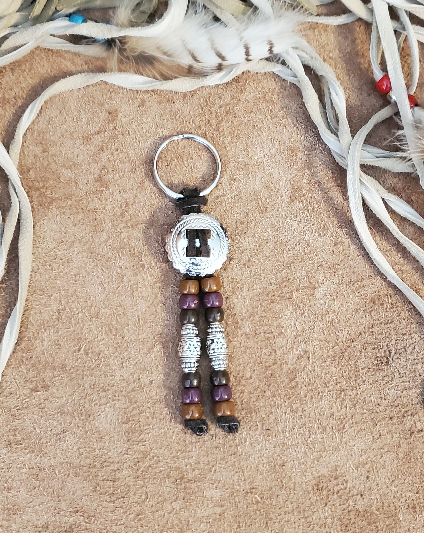 CALEE - SILVER STAR CONCHO LEATHER KEY RING (BLACK) / スター