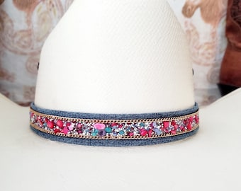 Bling Hat Band, Blue Jean Denim with Glass Rhinestones Hat Band, Cowboy Cowgirl Man or Woman, Bling Crystal HatBand, Blue Jean, Handmade