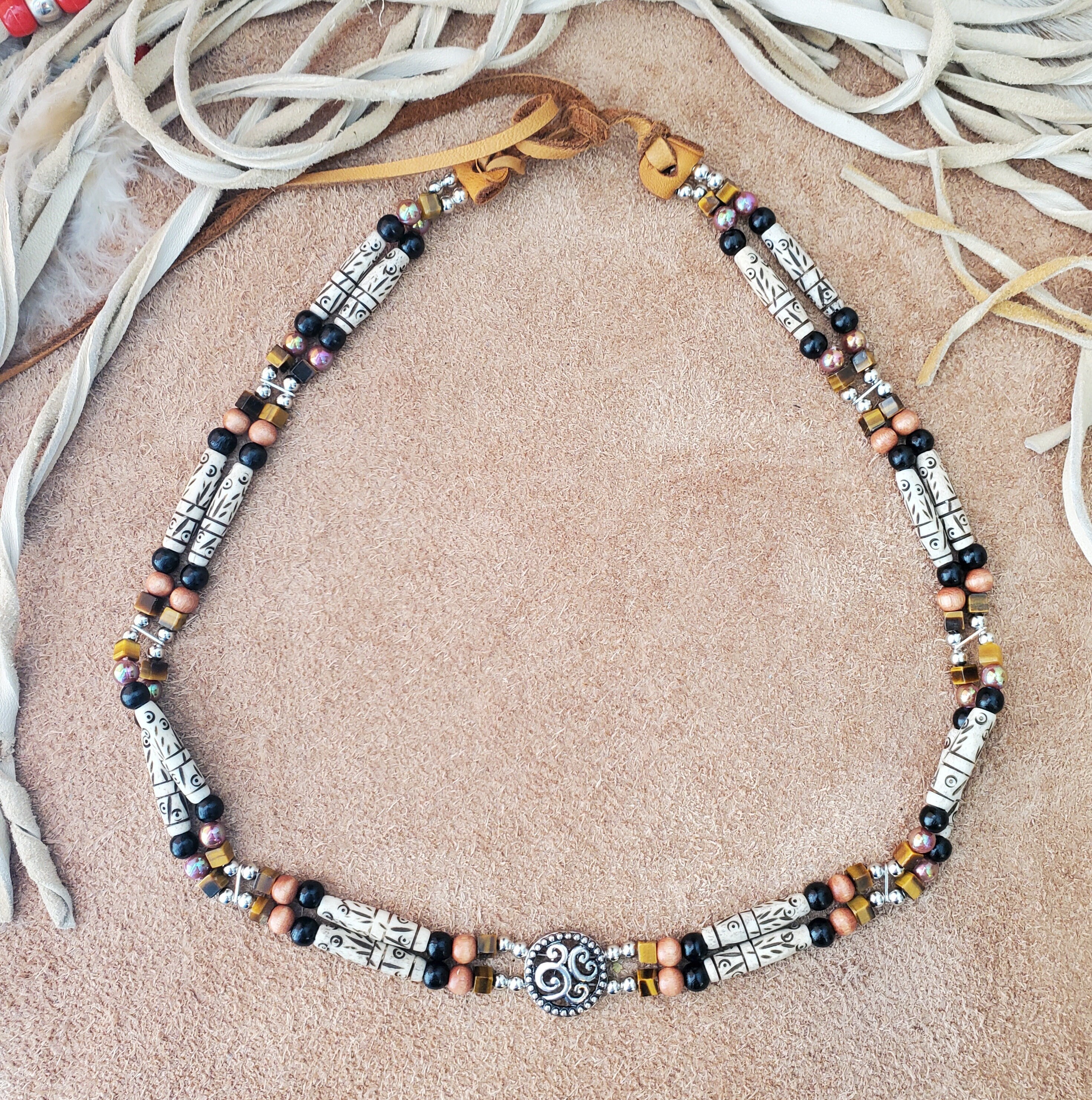 2211 Authentic Western Hat Band Hairpipe Bone Tiger Eye And Onyx Beads Double Western Hat Band Bone Hairpipe Beaded Hatband With Tiger main image 3