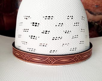 1/2" Tooled Leather Hat Band - Brown, Turquoise or Natural color Leather, Adjustable with Ties