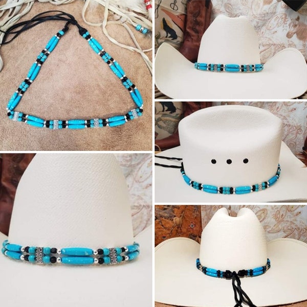 Western Cowboy Hat Band, Turquoise Bone Hairpipe Beaded Hatband, Handmade, Cowboy, Cowgirl, Turquoise, Silver, Brown, Black, Rusty, Bone