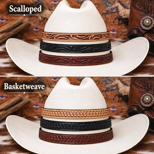 Hutband aus punziertem Leder – gewelltes oder geflochtenes Muster – 3 Farben – Natur, Braun, Schwarz