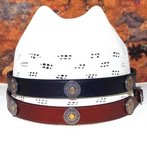 12 Gauge Shotgun Concho Leather Hat Band, Black or Brown Leather, Adjustable with buckle, Western Cowboy