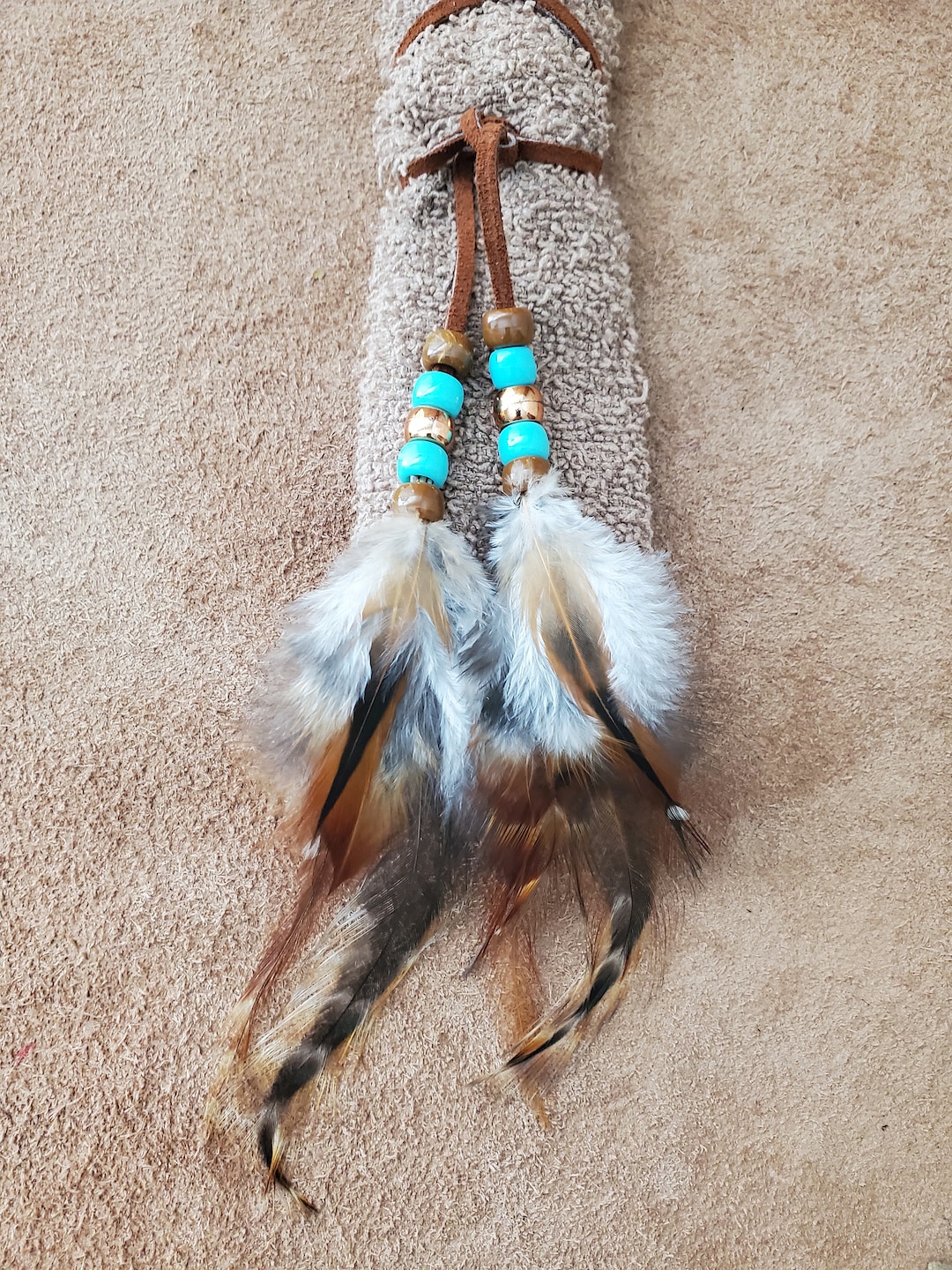 Leather Hair Wrap Tie With Beads and Feathers Choice of Color and