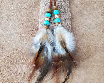 Leather Hair Wrap Tie with Beads and Feathers - Choice of Color and Length - 16", 24" and 36", Turquoise, Brown, Black, Tan, Blue Suede Lace