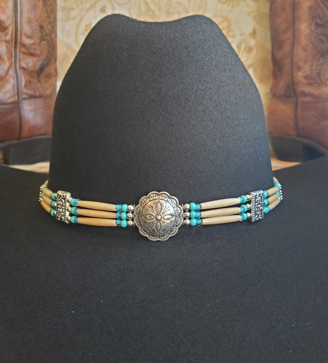 Western Concho Hat Band Turquoise, Silver and Thin Antique  display picture 1