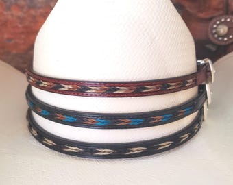 Leather Hat Band with inlaid Horse Hair, Adjustable, Brown, Black, Tan, Turquoise