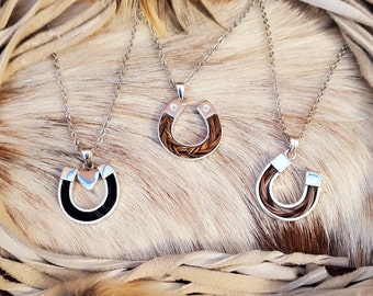 Horse Hair Horseshoe Pendant Necklace, 925 Sterling Silver, can be made with your horse's hair as a keepsake or our horsehair, Turquoise