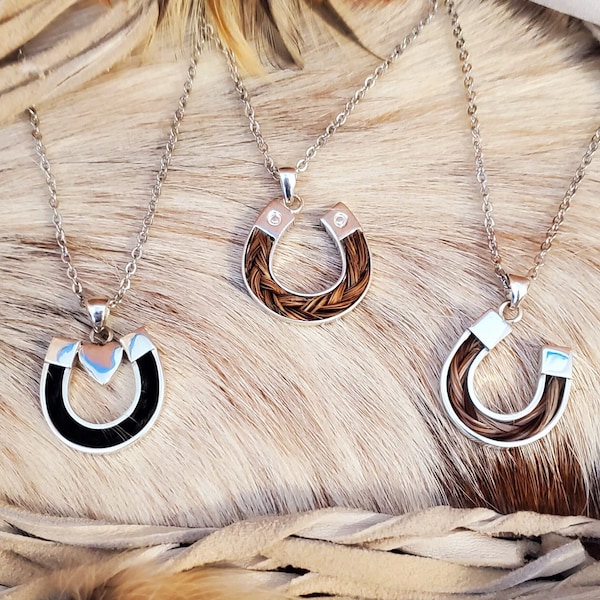 Horse Hair Horseshoe Pendant Necklace, 925 Sterling Silver, can be made with your horse's hair as a keepsake or our horsehair, Turquoise