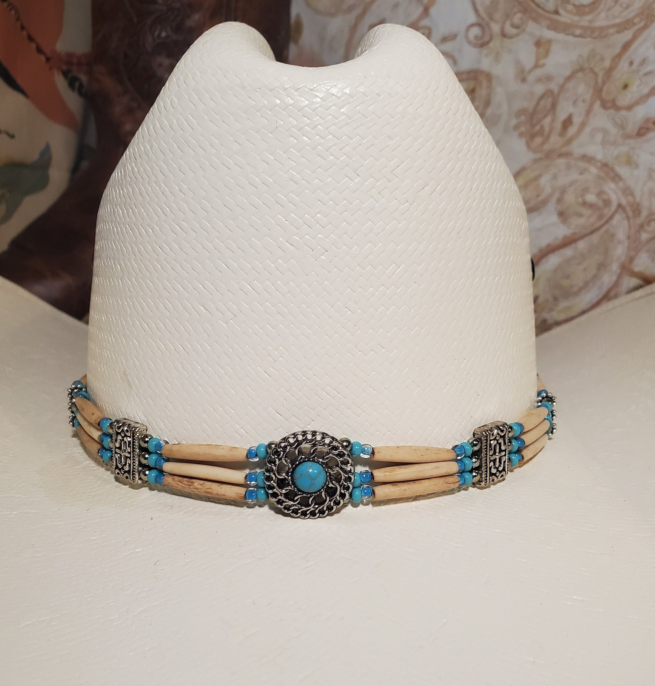 9325 Native Eagle Concho Hat Band Authentic Hairpipe Buffalo Beads Genuine Concho Hat Band - Southwest, Thin Antique Bone Hairpipe  main image 4