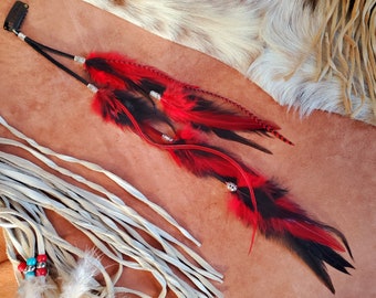 Black Red Hair Feather Extension Accessory Clip in 4", 8", 11", or 15", Suede Lace, Feathers accent beads, add Long Skinny Grizzly Feathers