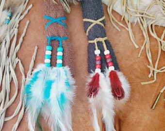 Leather Hair Wrap Tie with Beads and Feathers - Choice of Color and Length made from Suede Lace, Hair Tie