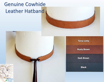 Western Cowhide Leather Hatband in Brown, Black, Rusty Brown or Terra-Cotta. Adjustable, matching Deerskin Tie, 3/8", 1/2", 3/4", 1"