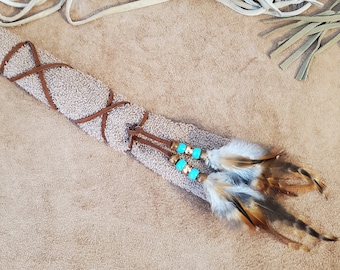 Leather Suede Hair Wrap Tie with Beads and Feathers - Choice of Color and Length, Lace  colors: Turquoise, Black, Blue, Brown, Tan, Rusty