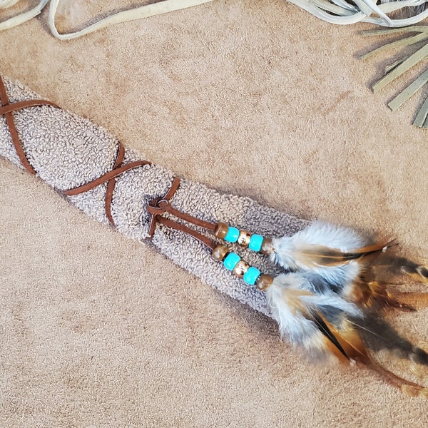 Leather Suede Hair Wrap Tie with Beads and Feathers - Choice of Color and Length, Lace  colors: Turquoise, Black, Blue, Brown, Tan, Rusty