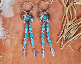 Key Chain Key Ring Concho and Beads and charm, Western, Handmade Key Chain or can be used as a Boot Topper, Turquoise, Silver, Concho