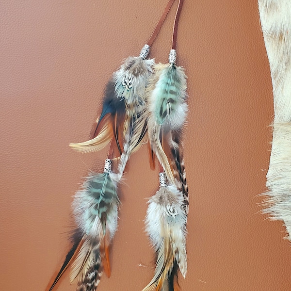 Feather Hair Clip 4", 8",  11", or 15" - Suede Lace with Natural and Turquoise feathers, silver or gold beads, Feather Hair Extension, Boho