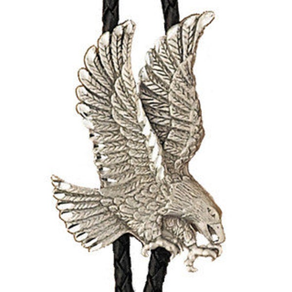 Western Bolo Tie with Black Braided Leatherette cord, centerpiece and metal tie ends - Eagle Landing Silver, Neck Tie, Cowboy Tie,