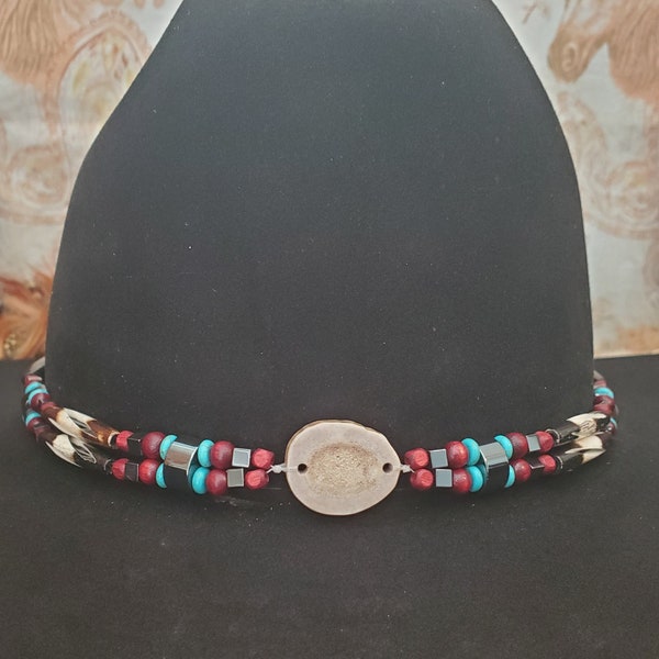 Deer Horn Western Hat Band - Hairpipe Beaded hatband with Deer Horn centerpiece - Western Cowboy Cowgirl - Native American Indian Style