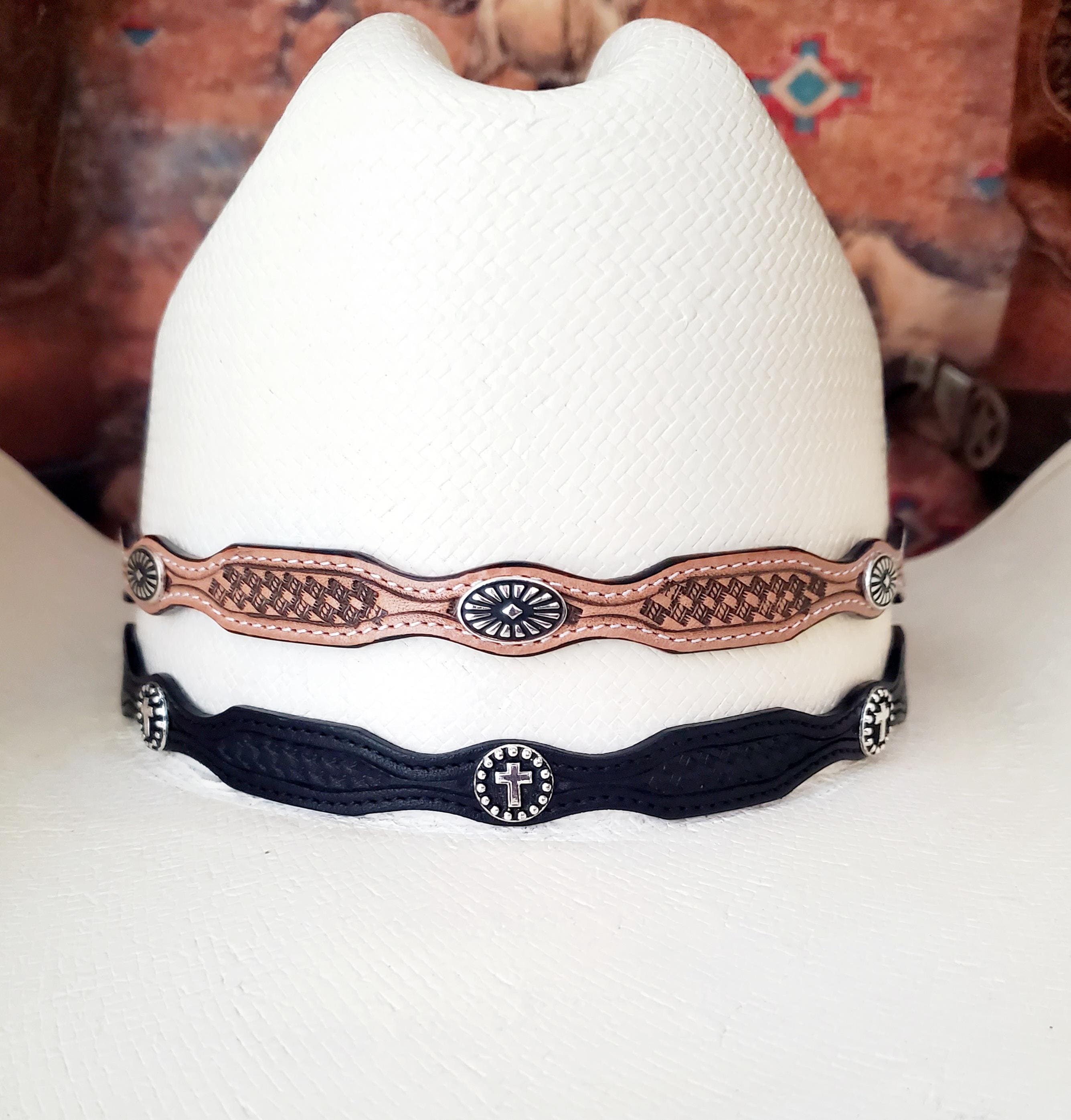 Tooled Leather Hat Band - 3 Colors, Adjustable, Cross  display picture 2