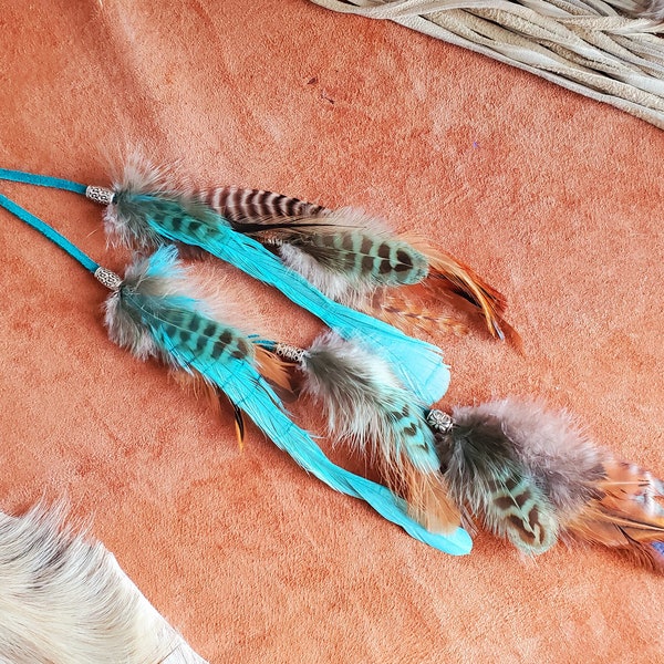 Turquoise Hair Feather Hair - Turquoise Suede Lace with natural and aqua accent feathers and beads, Feather Hair Extension, Boho Hair Clip