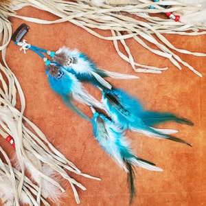 Feather Hair Clip in 4", 8", 11", or 15" Turquoise Suede Lace with White & Turquoise feathers, beads, Feather Hair Extension, Boho Charm