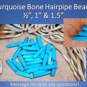 May include: Turquoise bone hairpipe beads in three sizes: 1/2 inch, 1 inch, and 1.5 inches. The beads are arranged in a pile on a brown surface. The text "Blue Eyes Designs" is visible in the lower right corner of the image.