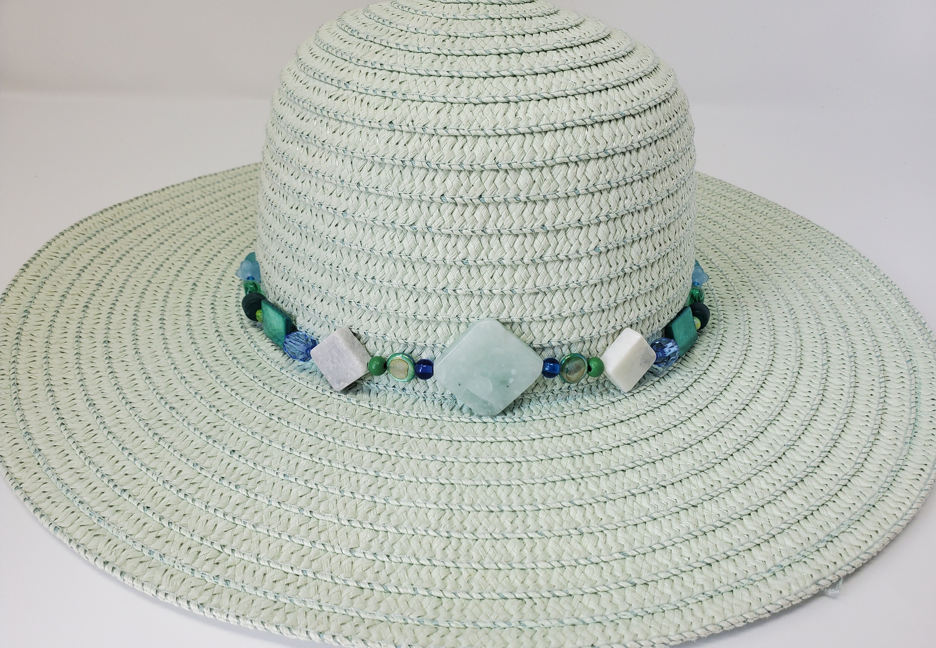 Shell Bead Hatband for Sun Hat, Beach Hat or Gardening Hat, Handmade - Blue and Green beads and shells - stretch cord hatband for beach, sun