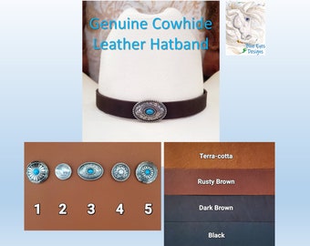 Western Cowhide Leather Hatband with Concho in Brown, Black, Rusty Brown or Terra-Cotta. Adjustable, matching Deerskin Tie, 1/2", 3/4", 1"