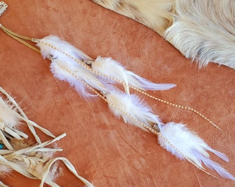 Hair Feather Extension Clip in 4", 8", 11", or 15", Suede Lace, Natural feathers, gold or silver beads, with Long Skinny / Grizzly Feathers