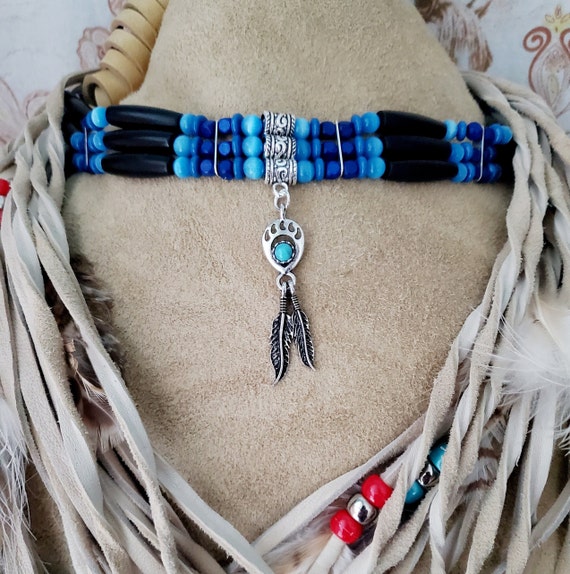 Native American Indian Style Choker Black Horn Hairpipe With Blue