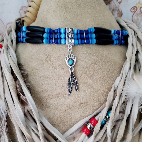 Native American Indian style Choker, Black Horn Hairpipe with Blue Beads Choker in 2, 3 or 4 rows and with or without charm, Handmade