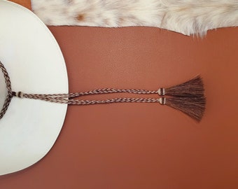 Horse Hair Hat Band with 2 Horsehair Tassels hanging in the back, Adjustable Braided Cowboy Hat Band in Black/White, Brown/White, Turq/Black