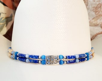 Blue and Antique Bone Hairpipe  Beaded hatband with Blue Variscite Rectangular Stones, Western Cowboy Hat Band, Handmade for Cowgirl Ladies