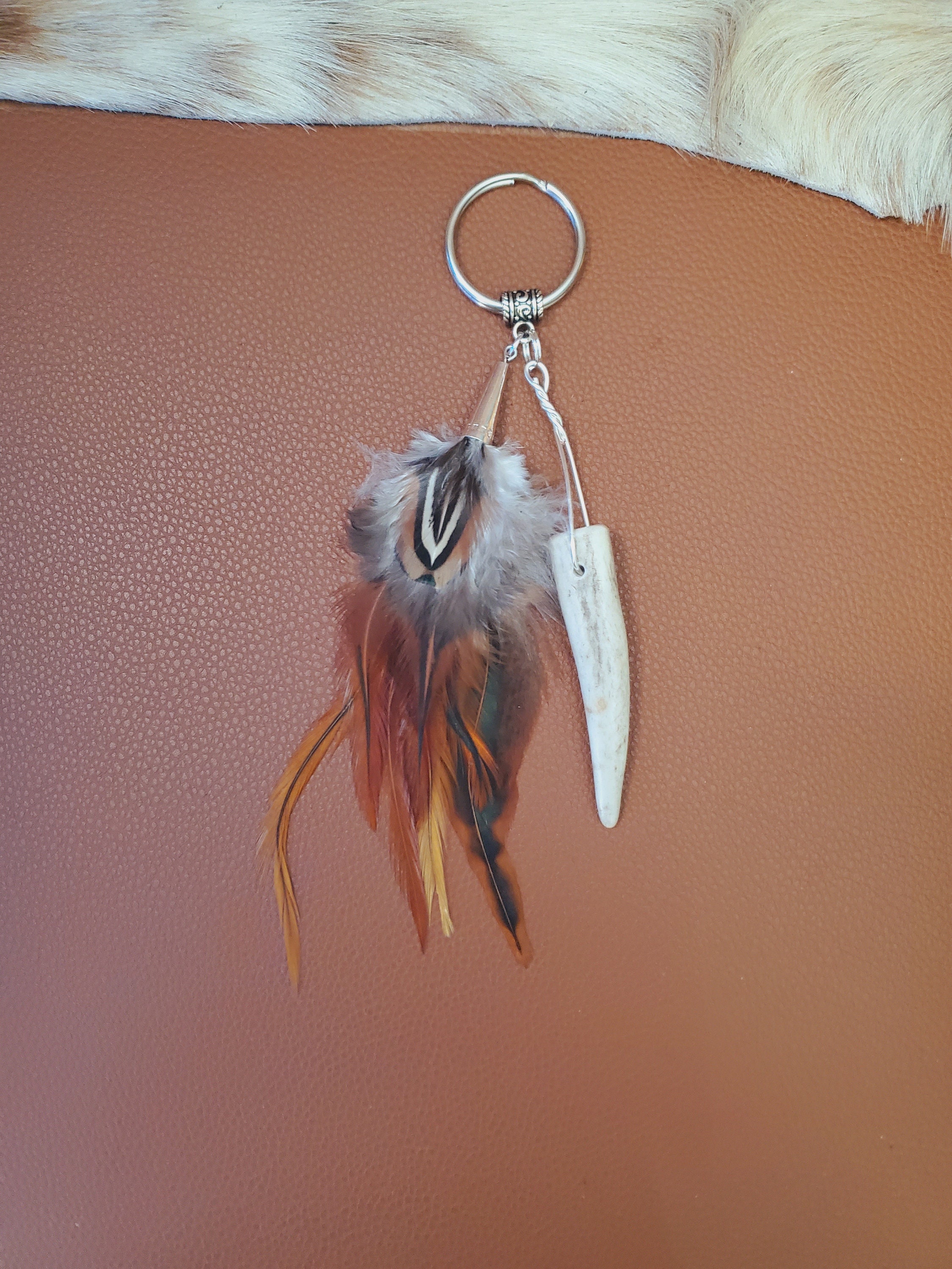 Keychain With Deer Horn Antler Tip and Feathers, Handmade Keyring