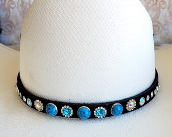 Fascia per cappello con borchie, fascia per cappello in pelle di vacchetta con strass, fascia in pelle nera regolabile da 1/2", cravatta abbinata, fascia per cappello da cowboy/cowgirl - in offerta