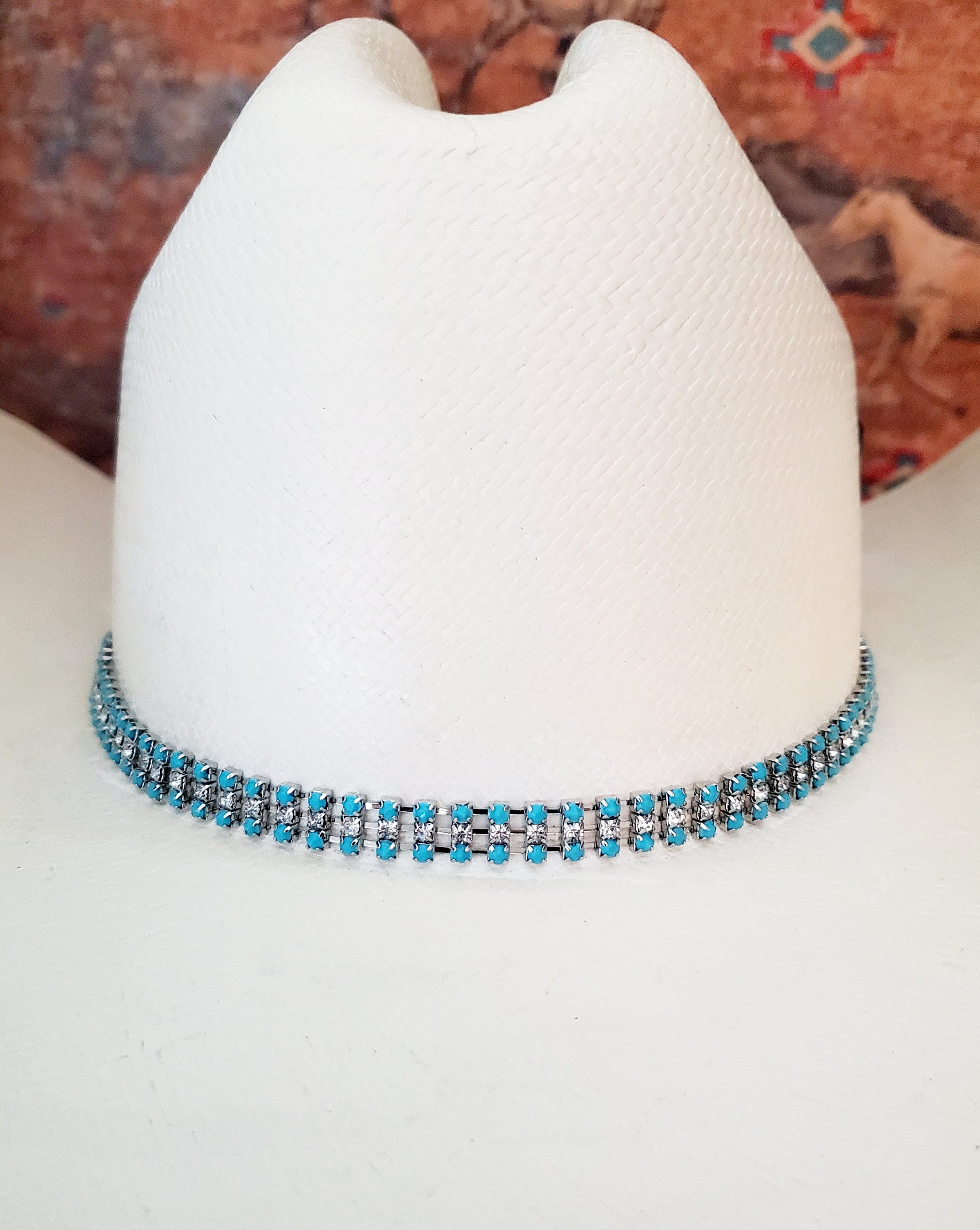 Black Suede Hat Band Turquoise Blue & Gold Crystal Rhinestone Conchos Adjustable Black Straw Cowboy Hat Vintage Look With Black Hat Band With  main image 3