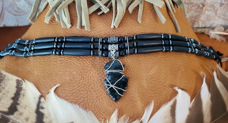Native American Indian Black Horn Hairpipe Bead Choker with Your choice of Pendant Handmade Choker 3 Strand