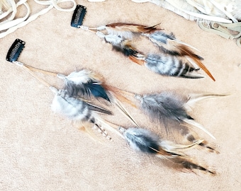 Feather Hair Clip 4", 8", 11" or 15", Natural Suede Lace, feathers & silver or gold beads, Feather Hair Extension, Boho Hair Feathers