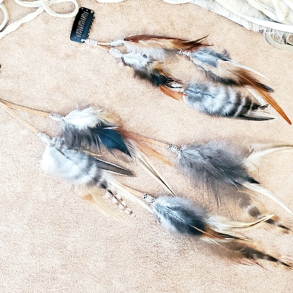 Feather Hair Clip 4", 8", 11" or 15", Natural Suede Lace, feathers & silver or gold beads, Feather Hair Extension, Boho Hair Feathers