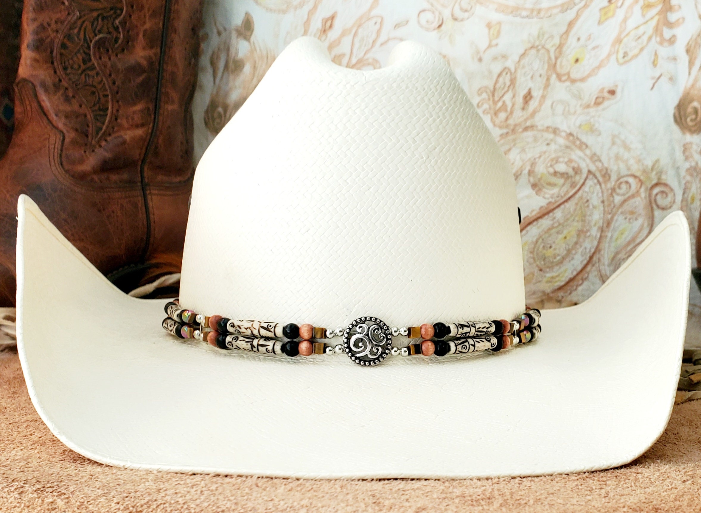 2211 Authentic Western Hat Band Hairpipe Bone Tiger Eye And Onyx Beads Double Western Hat Band Bone Hairpipe Beaded Hatband With Tiger main image 2