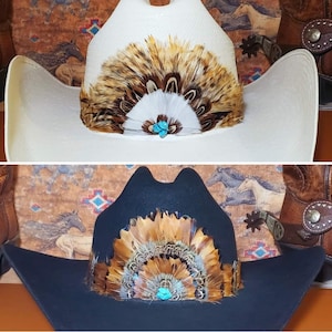 Real Feather Hat Band, Adjustable, Western Cowboy Hatband made from real feathers - rusty brown, black, turquoise, Feathered Hat Band