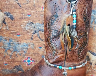 Stivale Bling o braccialetto, piuma/perlina con ciondolo, fatto a mano, ciondolo per borsa, portachiavi
