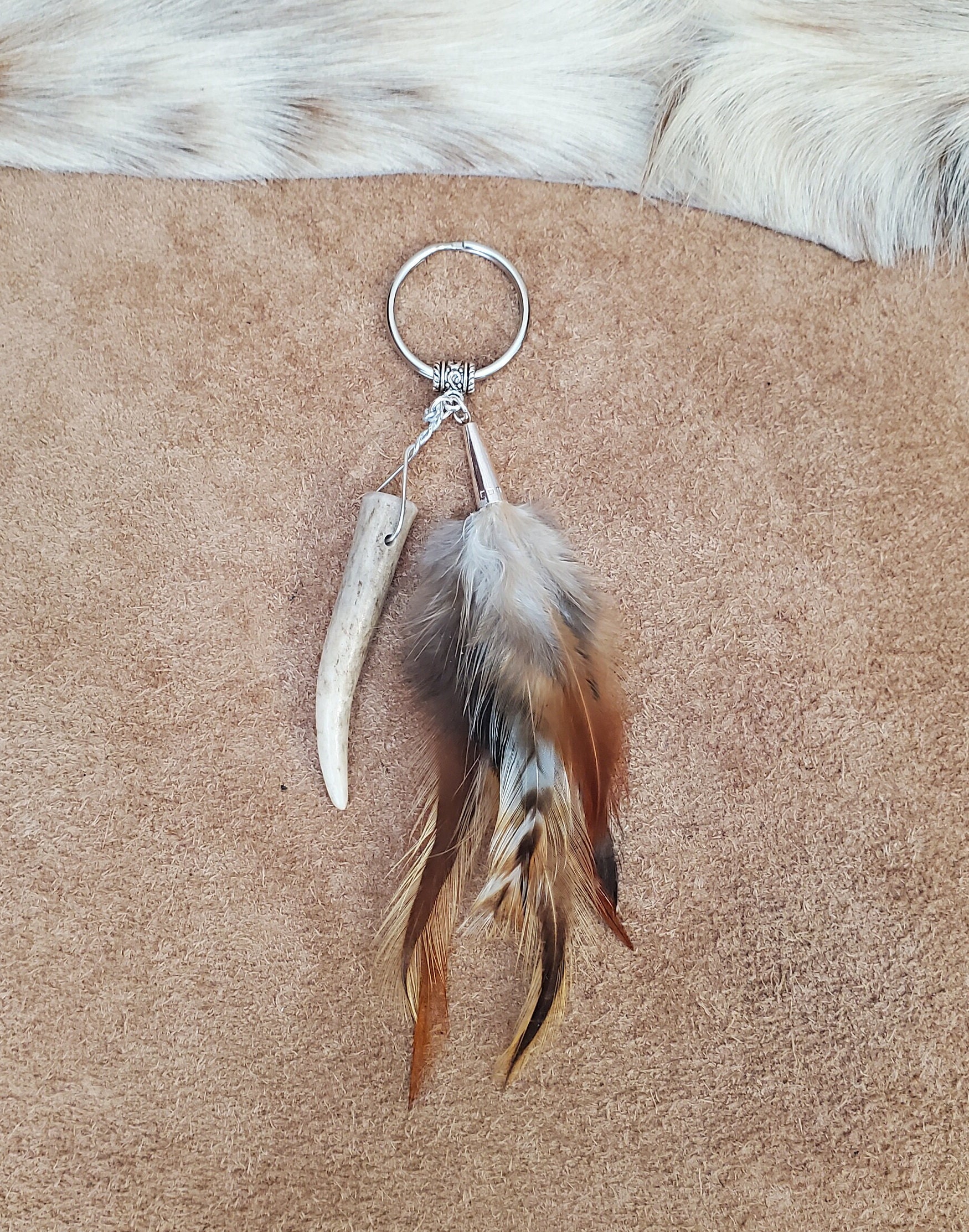 Keychain With Deer Horn Antler Tip and Feathers, Handmade Keyring