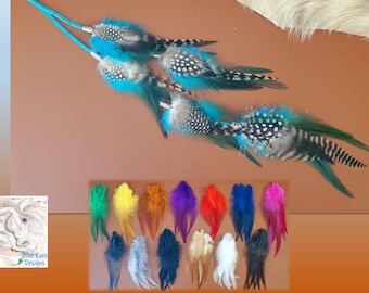 Turquoise Feather Hair Clip 4", 8",  11", 15" or 21" Suede Lace with feathers, silver / gold beads, Feather Hair Extension, Blue, Pink, Grey