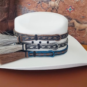 8 kleuren paardenhaar gevlochten hoedenband met 1 zijde paardenhaar kwastje, verstelbaar, western-cowboyhoedband, bruin, zwart, turkoois, zuring, grijs