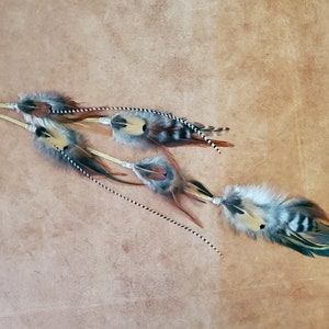 15-18&quot; Feather Hair Extension Clip, Suede Lace, Natural Feathers, silver/gold beads, Handmade Boho Hair Clip, Long Skinny Grizzly Feathers